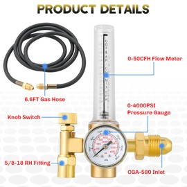 weyleity Argon/CO2 Mig Tig Gas Regulator for Welding | Full Copper Build Gas Welder Welding Regulator with 6.6FT Hose, 0-50CFH Flow Meter, 0-4000PSI Pressure Gauge, CGA580 Inlet Connection