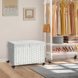 Rolling Storage Basket with Lid, 47.6 Gallon (180L) Storage Bin with Wheels, Woven Rattan Blanket Storage Basket with Handles, Foldable, Metal Frame, Removable Liner for Bedroom, Laundry Room, White