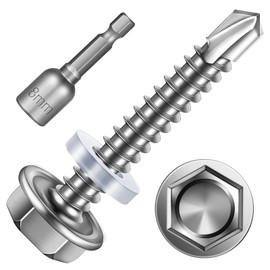 Pack of 25 Stainless Steel Self Tapping Screws 4.8 x 32 mm Hexagonal Drilling Screws Trapezoidal Sheet Metal Screws with Sealing Disc and Hex Socket Wrench