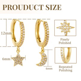 Moon Star Earrings Set for Women, Gold/Silver Cartilage Huggie Hoop Earrings with Zirconia, Multiple Piercings Hoop Earrings, Hoop Earrings, Hanging Earrings for Women, Copper