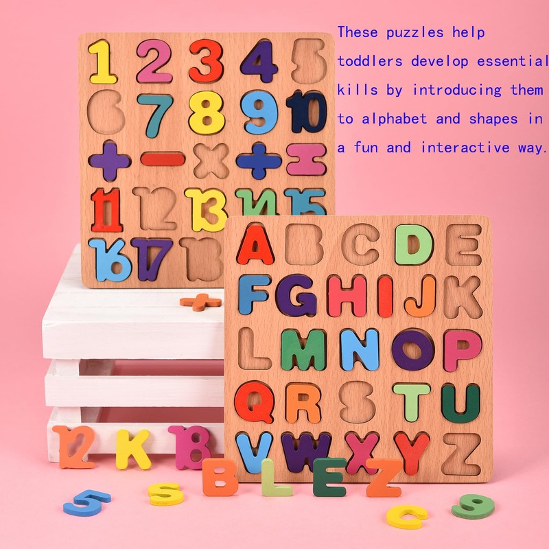 2PCS Wooden Alphabet Number Shape Puzzles for Toddlers, Educational Learning
