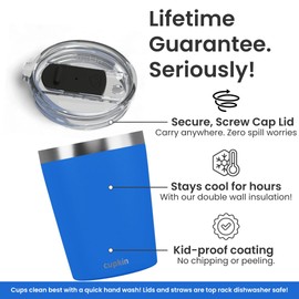 CUPKIN Stackable Stainless Steel Kids Cup Smoothie Tumbler, Powder Coated Insulated Tumblers, BPA Free Lid and Silicone Straw 8 Fl Oz (Pack of 1), Blue