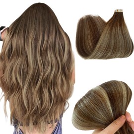 Ombre Highlights Tape in Hair Extensions Darkest Brown Rooted Hair Extensions Tape in 100% Remy Human Hair Balayage Brown to Blonde Tape ins Ombre Glue in Hair Extensions 20Inch 50g/20pcs (3T8/22）
