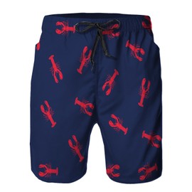 Mens Swim Trunks with Mesh Lining,Red Lobsters Navy Blue Background Quick Dry Beach Board Shorts Swimsuit Pants Swimwear Bathing Suits L