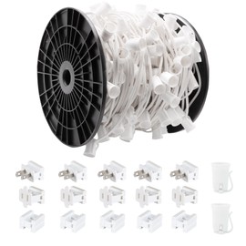 Encoidoz 250FT C9 Outdoor String Light Stringer, E17 Socket 12" Spacing, C9 Christmas Stringer Set Spool White Light String for Wedding Patio Event Lighting Decor, White Wire