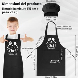 Halinuia Grembiule per bambini e cappello da chef, regolabile su misura grembiule e cappello per cucina e pasticceria con tasca, grembiule e cappello da chef per ragazze ragazzi, Nero , 44 x 60 cm