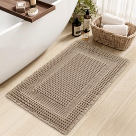 PADOOR Waffle Bath Mat, Super Absorbent Bath Mats for Bathroom Non Slip Washable Bathroom Rug Ultra Soft Boho Bathroom Mat with Tassels, 17''x24'', Beige