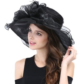 Janey&Rubbins Women's Feathers Floral Fascinating Wide Brim Lightweight Church Derby Hat (Black)