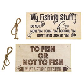 VGOL 2PCS Handmade Wooden Hanging Wall Plaque My Fishing Stuff Don't Touch Funny Sign and To Fish Or Not To Fish Sign for Keen Anglers Shed Sign 20x10x0.3cm