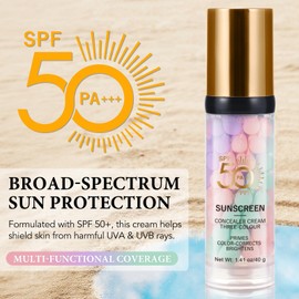 3 In 1 Primer for Face Before Makeup, Sunscreen Isolation Cream with 50 SPF + - One Step Color Corrector Face Primer for Pore Minimizing, Hydrating & Brightening Makeup Base