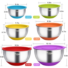 Wildone Mixing Bowls with Airtight Lids, 22 PCS Stainless Steel Mixing Bowls Set, 3 Grater Attachments, Measurement Marks & Non-Slip Bottom, Size 5, 4, 3, 2,1.5, 0.63QT, Ideal for Mixing & Prepping