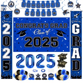 Graduation Decorations Class of 2025 - Graduation Party Supplies Include Backdrop, Banner, Hanging Swirls, Porch Sign, Balloons, Foil Number 2025 for Congrats Grad Decorations (Blue)