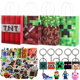 Video Game Party Bag Children's Birthday Party Bags 12 Miner Party Bags + 50 Gamer Stickers + 9 Pixel Key Ring Guest Gift Birthday Decoration Party Accessories for Children Boys Girls