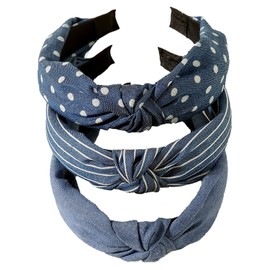 Lvyeer Denim Headband Knotted headbands for Women and Girls Stripe Knot Headband Fabric Wide dot Headbnad Hairband Head Band Hair Accessory (A 3 Pcs)