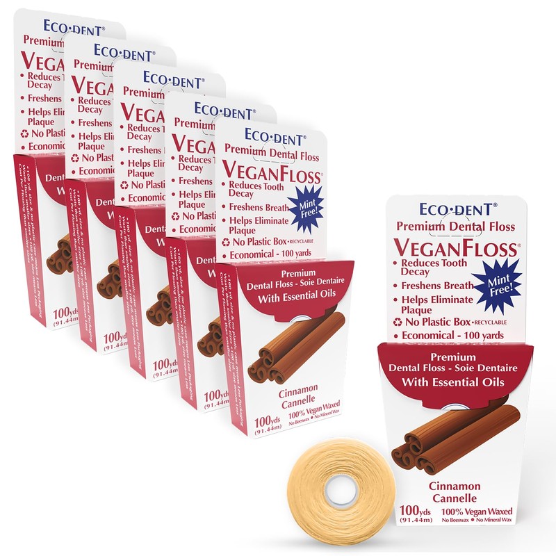 Eco-Dent VeganFloss Dental Floss, Waxed, Cinnamon - Floss with Vegan
