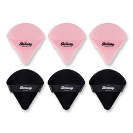 The Beauty Project Premium 6-Pack Triangle Powder Puff Set - Ultra-Soft Velour & Cotton Sponges for Application - Makeup Puffs for Body Powder, Foundation, Concealer, & Blending (Black/Pink)