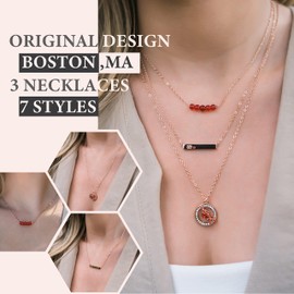 Leafael Dainty Layered Zodiac Necklaces, 18K Rose Gold Plated, Bead Bar Y Pendant Multilayer Necklace, Birthstone Crystals Horoscope, Layering Minimalist Jewelry Birthday Gifts for Women - Ruby Red