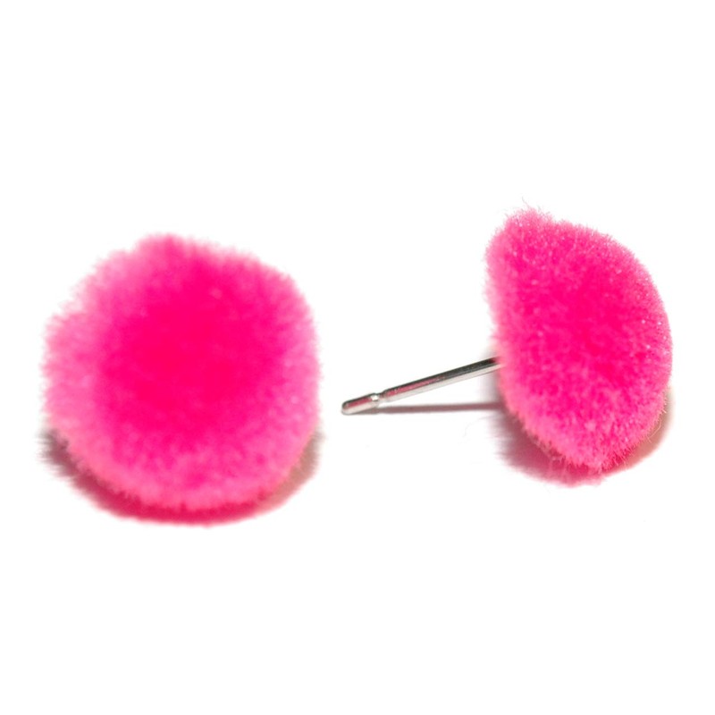 Mini Hot Pink Fuzzy Pom Pom Stud Earrings (S185)