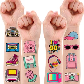 90s 80s Theme Temporary Tattoos Birthday Party Decorations Favors Supplies 8 Sheets 96 PCS Retro Super Cute Fake Tattoo Stickers Party Gifts for Kids Children Girls Boys Home Activity School Rewards