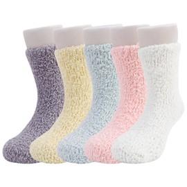QKURT 5 Pairs Non Slip Baby Fluffy Socks, Coral Fleece Kids' Socks Toddler Bed Socks Slipper Socks Plush Winter Socks with Anti-Slip Grips for Boys and Girls, Age 0-5
