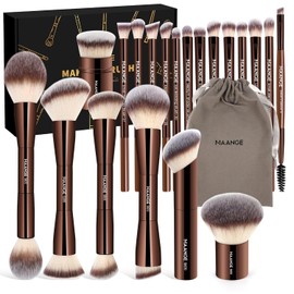 MAANGE Brochas de Maquillaje Profesional 20 Piezas Set de Brochas Maquillaje de Aluminio con Estuche de Terciopelo Sombra de Ojos en Polvo para Base de Maquillaje Perfecta para Regalar(Marrón)