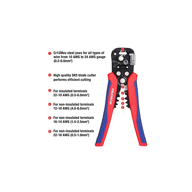 WORKPRO Self Adjusting Wire Stripper, 3-in-1 Automatic Wire Stripper/Cutter/Crimper, AWG10-24,