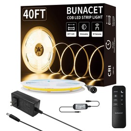 BUNACET COB LED Strip Light 40ft/12m (1 Roll) Warm White 3000K High Lumen CRI 90+ with UL Listed Power Adapter RF Remote for Bedroom Counter Under Cabinet Kitchen Projects