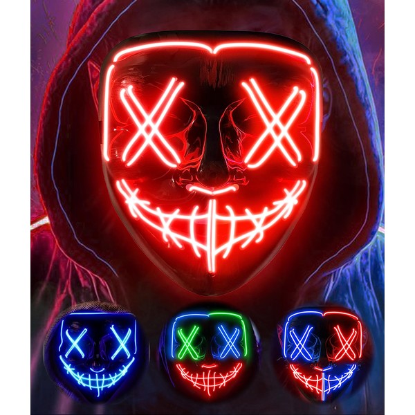 LED Light Up Halloween Mask,Scary Glow LED Face Mask with 3 lighting Modes & El Wire for Costume&Cosplay Party.Adjustable&Eco-Friendly Material for Men Women Kid-RED