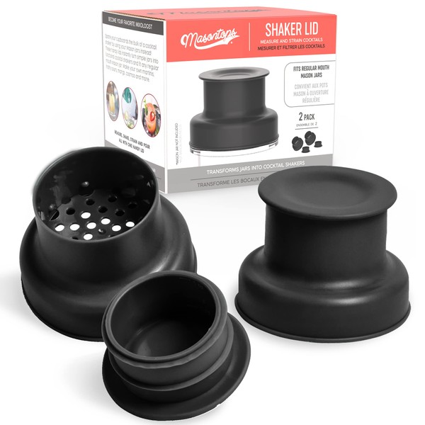 Masontops Cocktail Shaker Lids – Compatible with any Regular Mouth Mason Jar – 2-Pack with 1oz Jigger Caps - Black