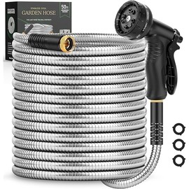 Garden Hose 50 FT, Metal Stainless Steel Water Hose with 10 Function Nozzles, No Kinks, Flexible Hose, Lightweight, Puncture Proof, Heavy Duty Hose for Yard and Outdoor