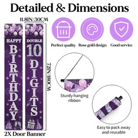 10th Birthday Decorations Banner Girl - Happy 10th Birthday Party Door Porch Sign, Purple Silver Door Banners for Double Digits Party Decoration Supplies
