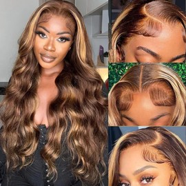 13x6 Ombre Lace Front Wigs Human Hair for Women 180 Density 13x6 Body Wave Honey Blonde Wig HD Transparent Lace Front Human Hair Pre Plucked with Baby Hiar 4/27 Color Glueless Wigs Human Hair 26 Inch