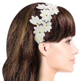 Gold-Tone Thread Flower Vintage Style Handmade Elastic Headband - White