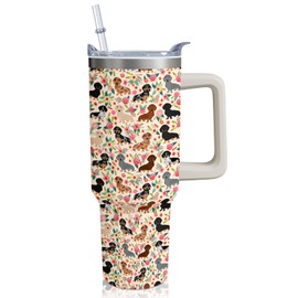Vehcimbev 40oz Dachshund Tumbler with Handle and Straw - Stainless Steel Double Wall Insulated Tumbler - Hot & Cold - 40oz Capacity - Dachshund Gift