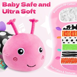 HEMRLY Baby Girl Toys for 0-6 Months, Musical Plush Caterpillar Infant Sensory Toy with Baby Mirror&Crinkle Rattle,Pull String,Teething, Tummy Time Newborn Gifts for 0-3-6-12 Boys Girls - Pink Leaf