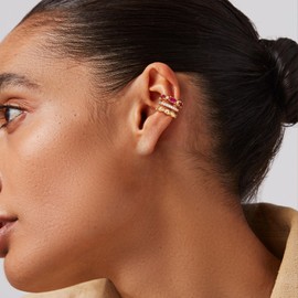 MEVECCO Ear Cuffs for Women Non Piercing 18K Gold PLated Red Ruby Ear Cuff Earring Stacks Cubic Zirconia Cartilage Clip On Wrap Huggie Hypoallergenic Fake Piercings Open Hoops Jewelry Gifts