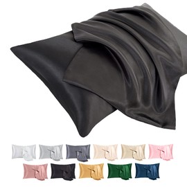 P Pothuiny Black Satin Pillowcase King Size Set of 2, Satin/Silk Pillowcase for Hair and Skin, Satin Cooling Pillow Covers with Envelope Closure (20x40 Inches)