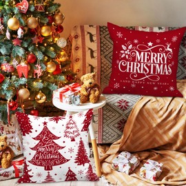 Lanpn 55x55 cm Christmas Cushion Covers Set of 4, Cartoon Deer Snowflake Decorative Holiday Pillow Case Pillowcase Cushion 22x22 for Indoor House Sofa Couch Winter Decoration Red
