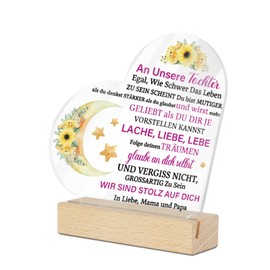 Putuo Decor Herzform Acryl Tischdeko Schild für Tochter – Wir sind stolz auf Dich, Geschenk von Mama und Papa mit Mond, Sternen und Sonnenblumen