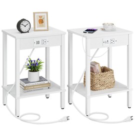 VIMBER Side Table with Charging Station, Set of 2 End Tables with USB Port and Outlets, Nightstands with 2-Tier Storage Shelves, Sofa Table for Small Space, Living Room, Bedroom, White UTBT102W2
