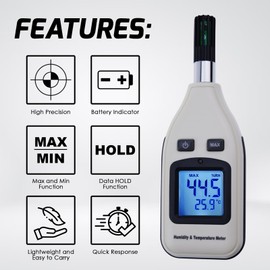 Handheld Digital Humidity and Temperature Meter Tester Measuring Device 0~100% RH / -30~70° C (-22~158°F) 3.7 cm Hygrometer Meteorology Household Laboratory Warehouse