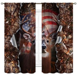 Cortinas de ciervos rústicos, camuflaje, bosque, caza de ciervos, alces, bandera de Estados Unidos, camuflaje, bosque, granja, campo rural, cazador de campo, cortinas opacas para ventana para