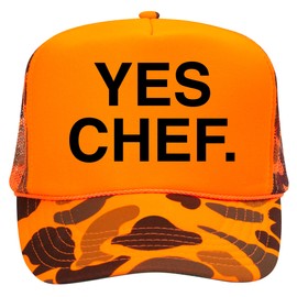 Yes Chef Trucker Hat | Food Influencer Bear Meme Funny Drinks Cowboy Vintage | Premium Mesh Foam Snapback Hat for Men & Women (US, Alpha, One Size, Orange Camo)