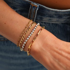 ALEXTINA Stainless Steel Gold Bracelets Set for Women, 4PCS Non Tarnish Stackable Bracelet Set, Cuban Link Paperclip Chain Cubic Zirconia Tennis Bracelet, Adjustable Dainty Jewelry Gift