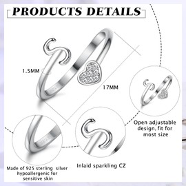 MILACOLATO 925 Sterling Silver Heart Initial Rings for Women Girls 18K Gold Plated Initial Heart Stackable Rings Adjustable Initial Rings for Teen Girls Cute Heart Alphabet Letter Rings