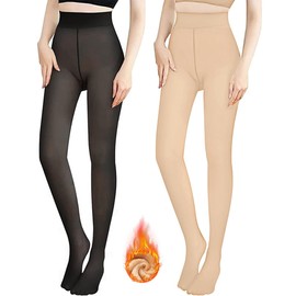 2 Pares Medias Termicas Afelpadas para Mujer, Mallas Térmicas Afelpadas Translúcidas (MX/US, Alfa, Talla única, Regular, Regular, Tamaño regular(40-70kg), Negro y Color piel (220g))