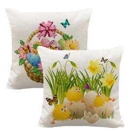Hysunland Easter Chicks Pillow Cover 18x18 Set of 2, Colored Eggs Butterflies Basket Grass Spring Cushion Covers for Outdoor, Burlap Spring Holiday Pillow Cases with Zipper(No Fillers Included)