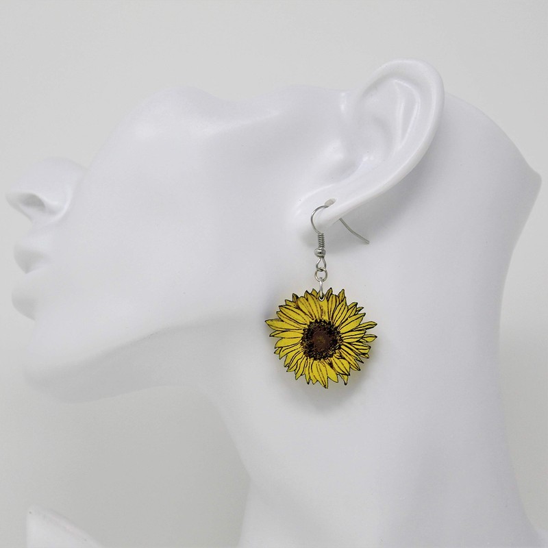 Hand-Painted Wood Sunflower Dangle Earrings