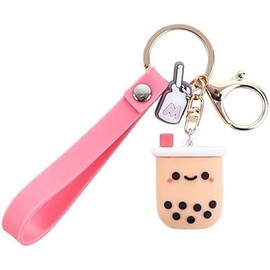 GANPUB Silicone Pearl Milk Tea Keychain, Cute Bobo Keyring Simulation Drinks Headphone Case Keyring Car Key Chain Bag Pendant for Women Girls Accessories