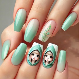 24 PCS Press on Nails Cartoon Girl Fake Nails Leaf Fake Nails Medium Fake Nails Gifts for Women and Girls (No.106)